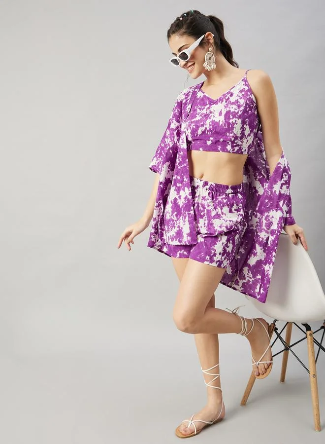 Winered  Women Purple Kimono and Top with Shorts Co-Ords for Women | Best Price UAE